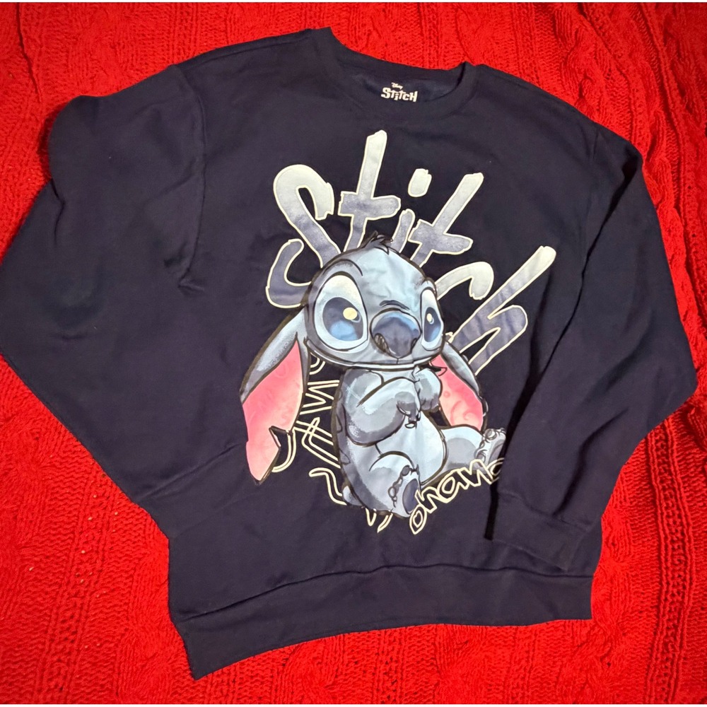 Disney Stitch Ohana Navy Blue Crewneck Sweatshirt Womens Small Freeze Pullover